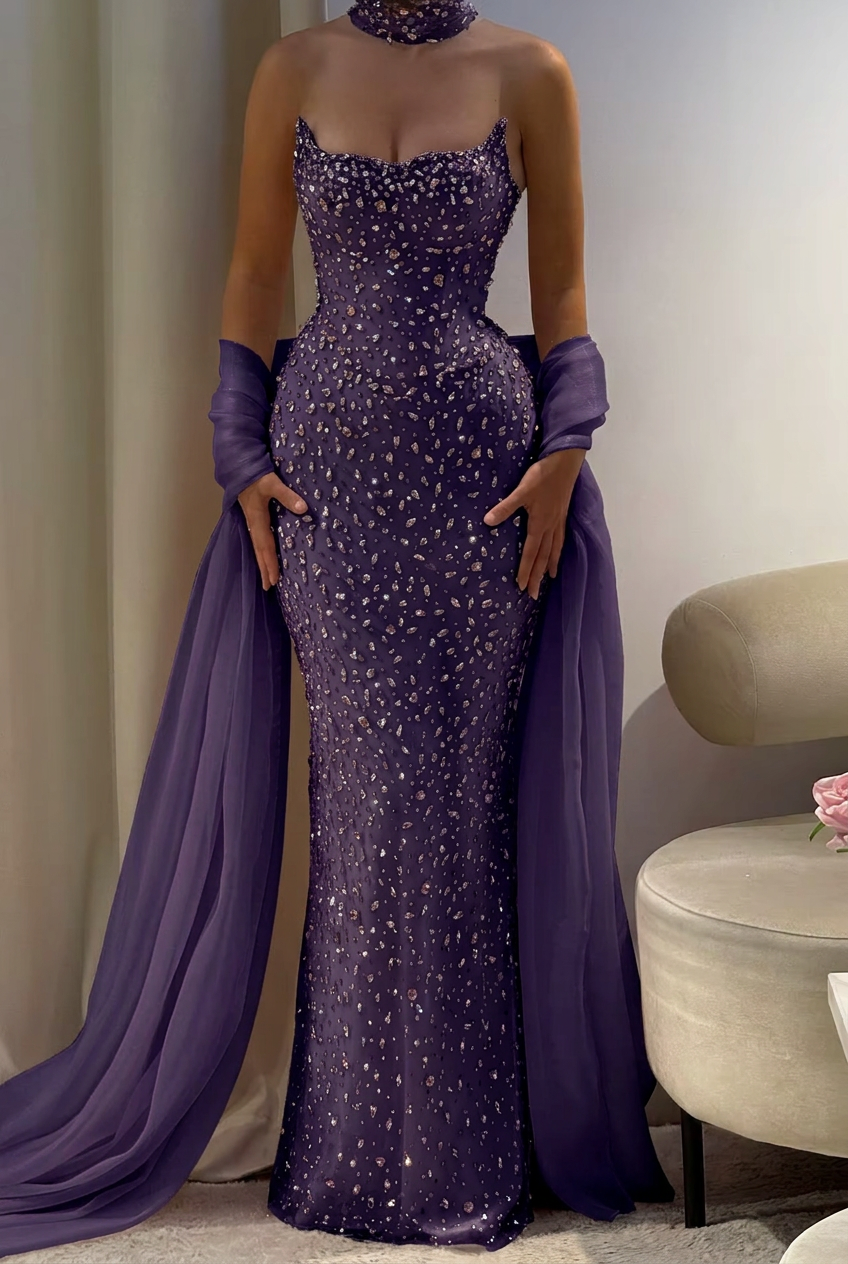 Regency strapless rhinestone column prom dress