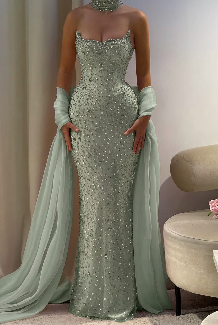 Dusty sage strapless rhinestone column prom dress