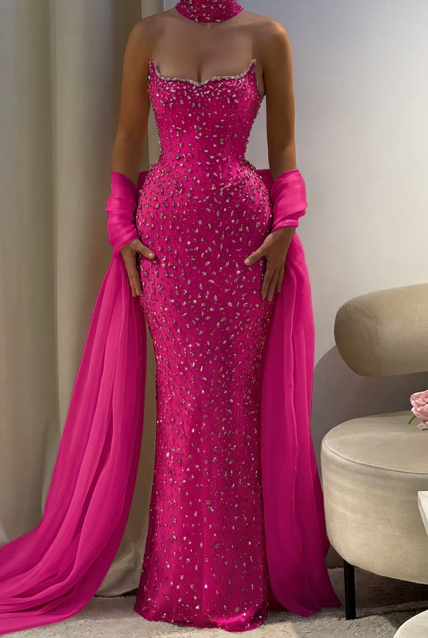 Fuchsia strapless rhinestone column prom dress