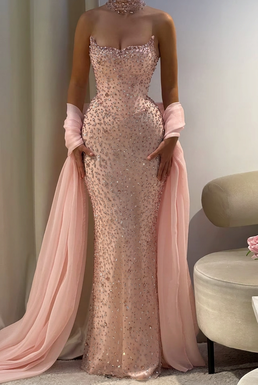 Blushing pink strapless rhinestone column prom dress