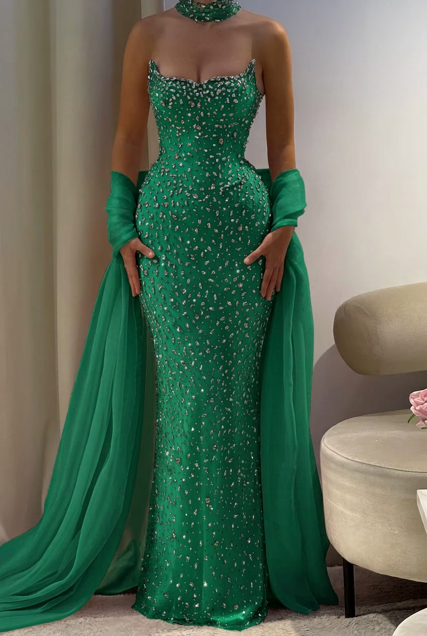 Emerald green strapless rhinestone column prom dress