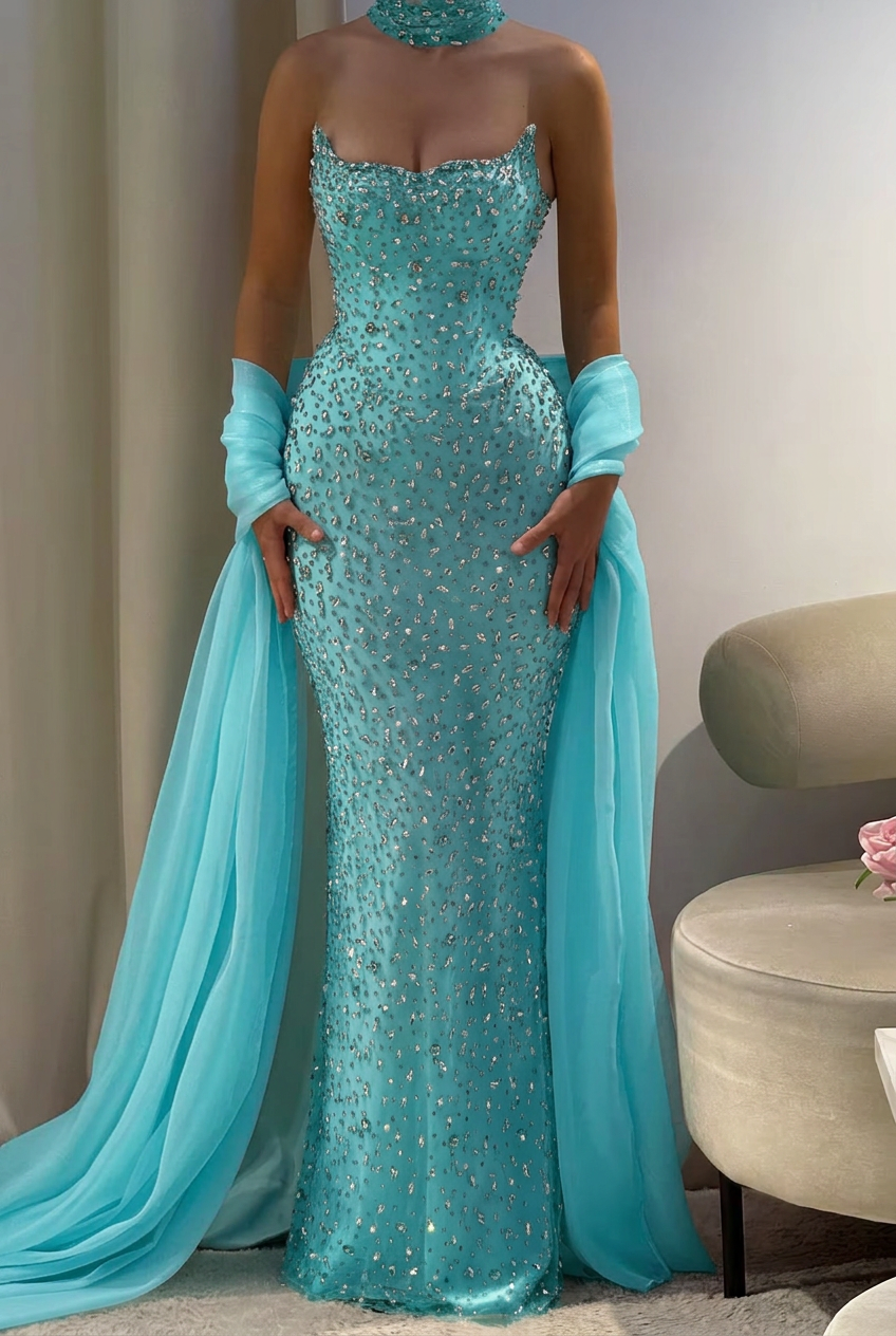 Turquoise strapless rhinestone column prom dress