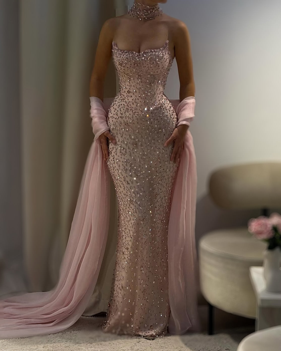 Luxury Pink Diamond Evening Dress with Cape Gown for Wedding Party