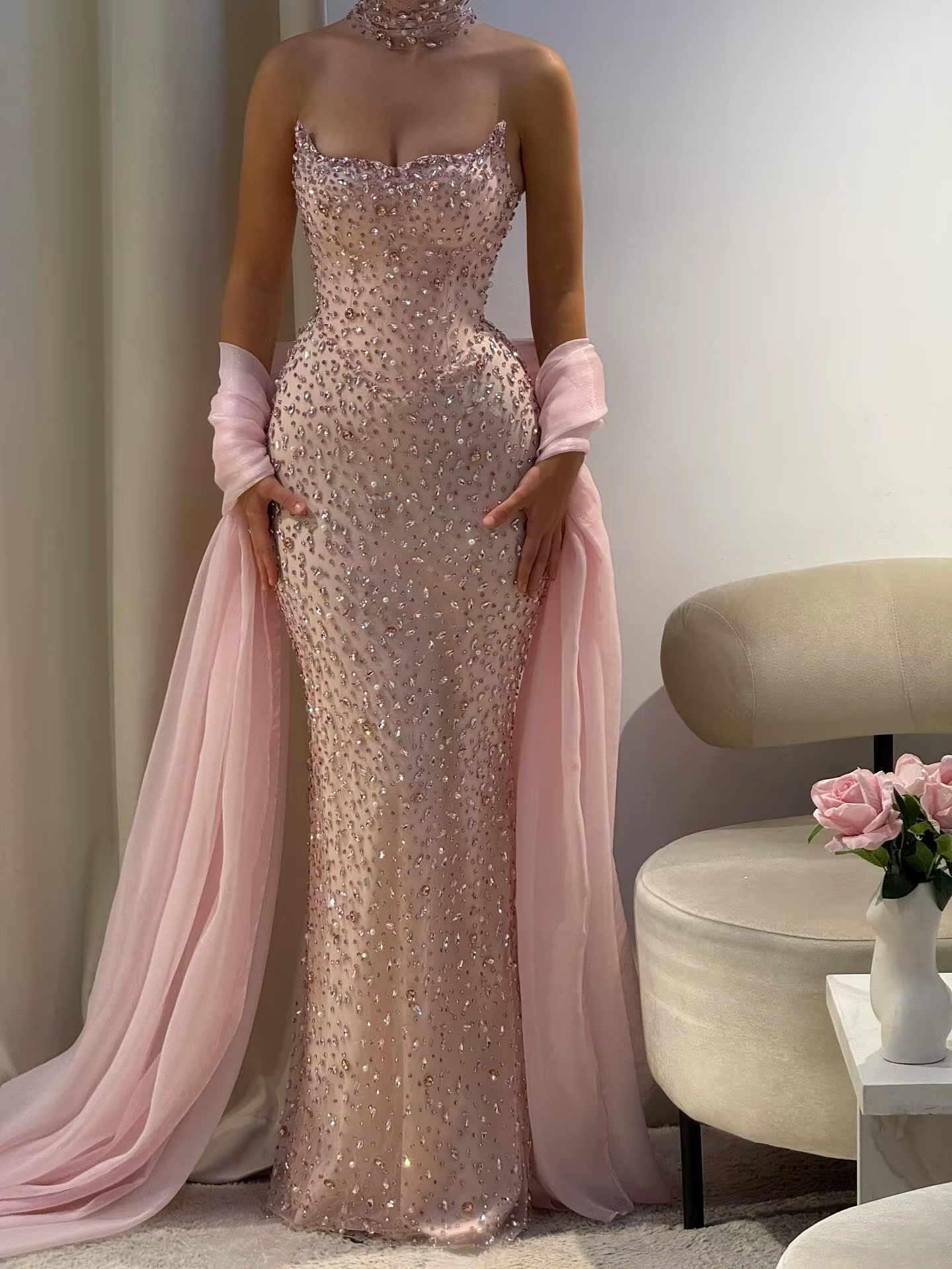 Luxury Pink Diamond Evening Dress with Cape Gown for Wedding Party