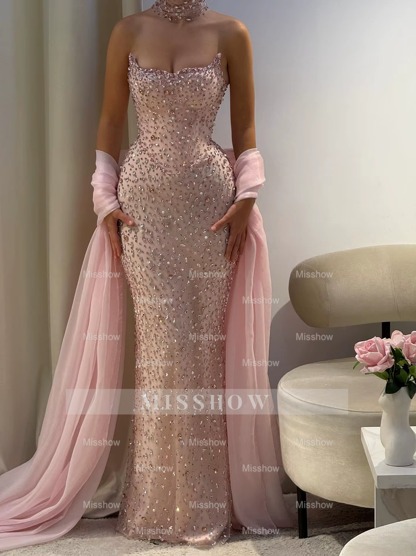 Luxury Pink Diamond Evening Dress with Cape Gown for Wedding Party