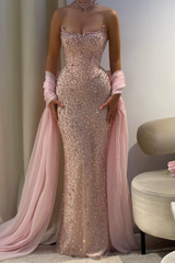 Luxury Pink Diamond Evening Dress with Cape Gown for Wedding Party