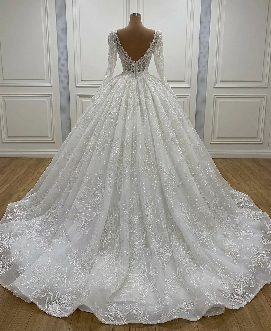 Luxury Princess A-line V-neck Lace Wedding Dresses With Long Sleeves