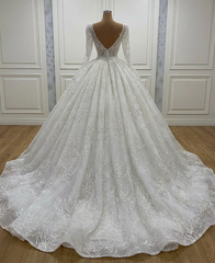 Luxury Princess A-line V-neck Lace Wedding Dresses With Long Sleeves