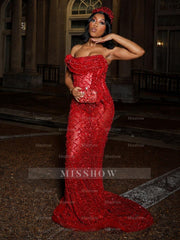 Luxury Red Beaded Prom Dress Sheer Mermaid Formal Gown for Special Events