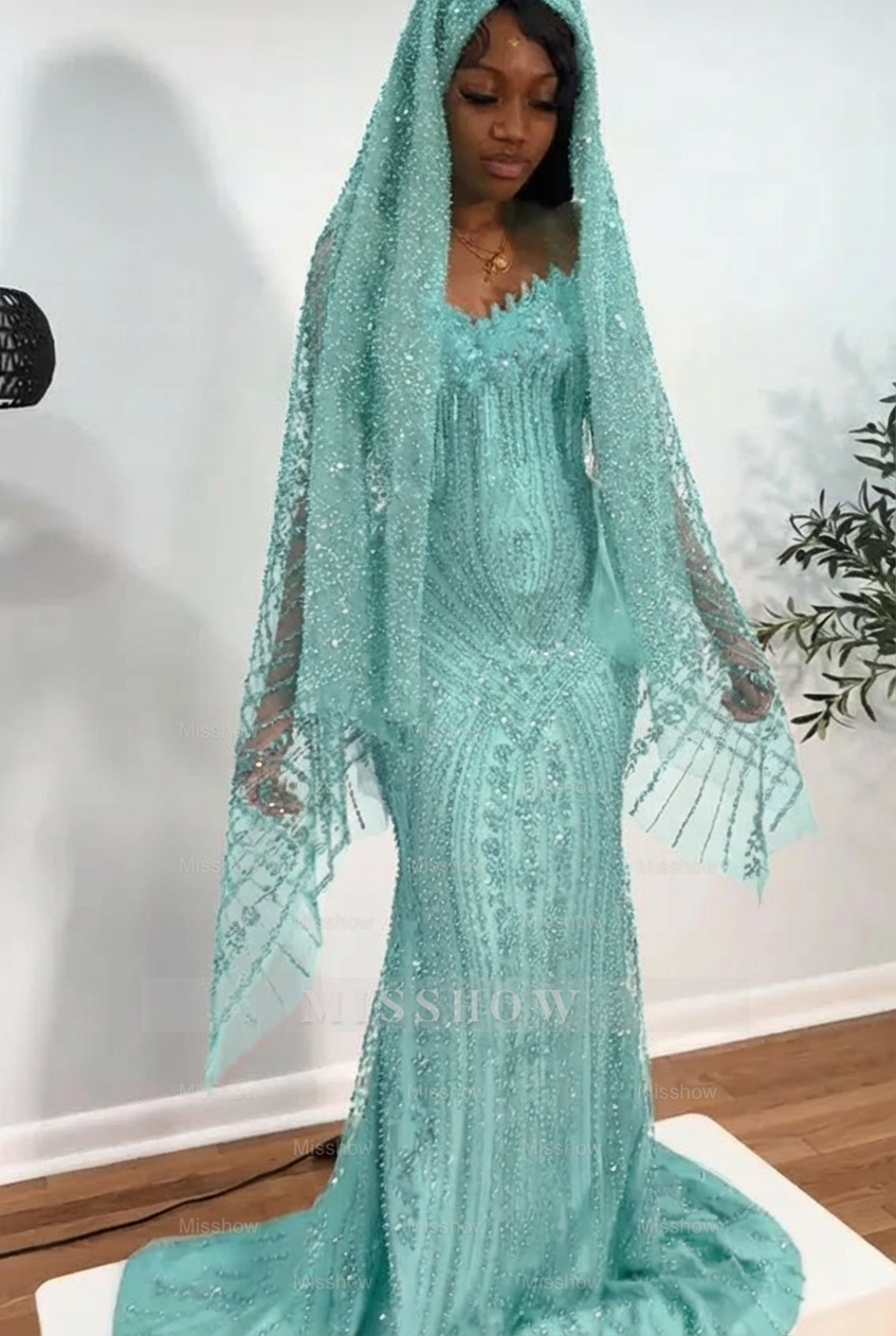 Mint green strapless beaded mermaid prom dress