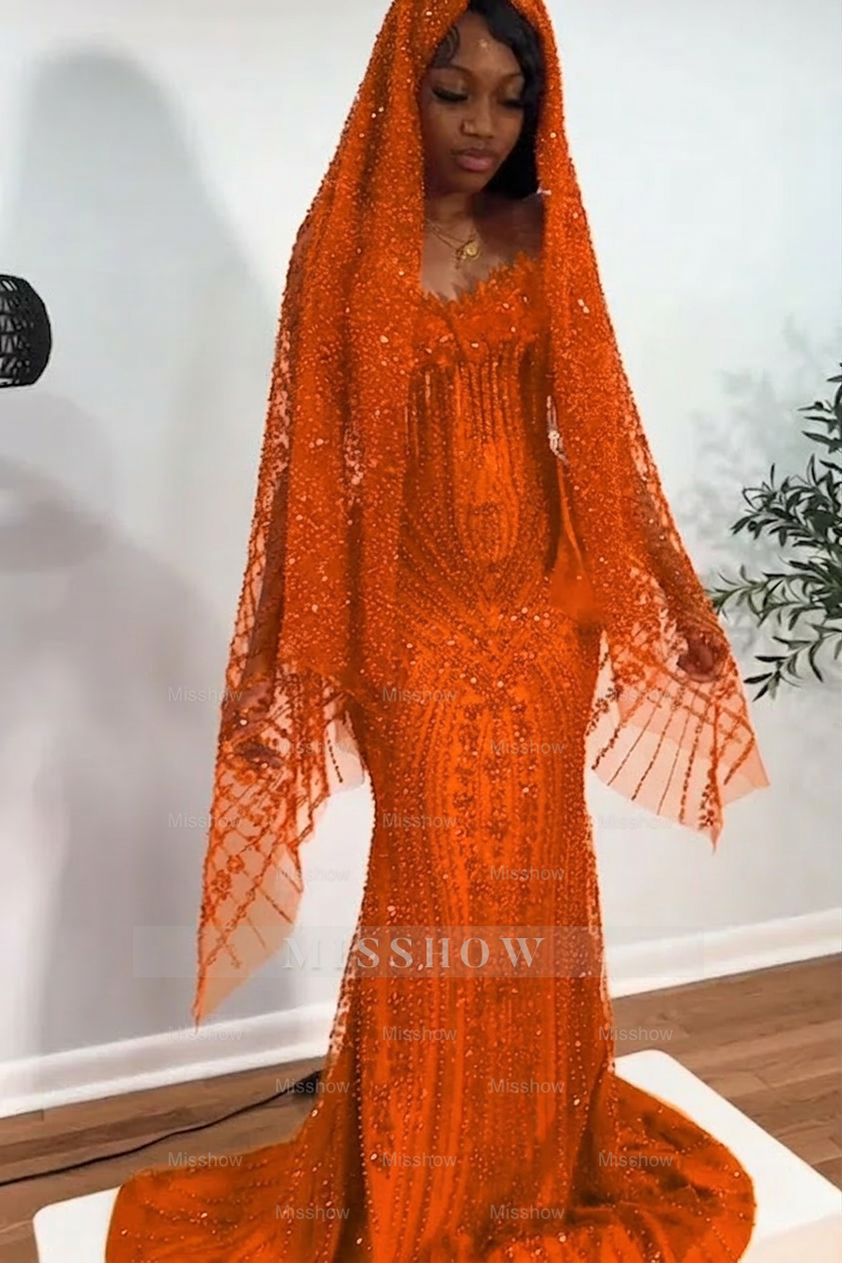 Orange strapless beaded mermaid prom dress