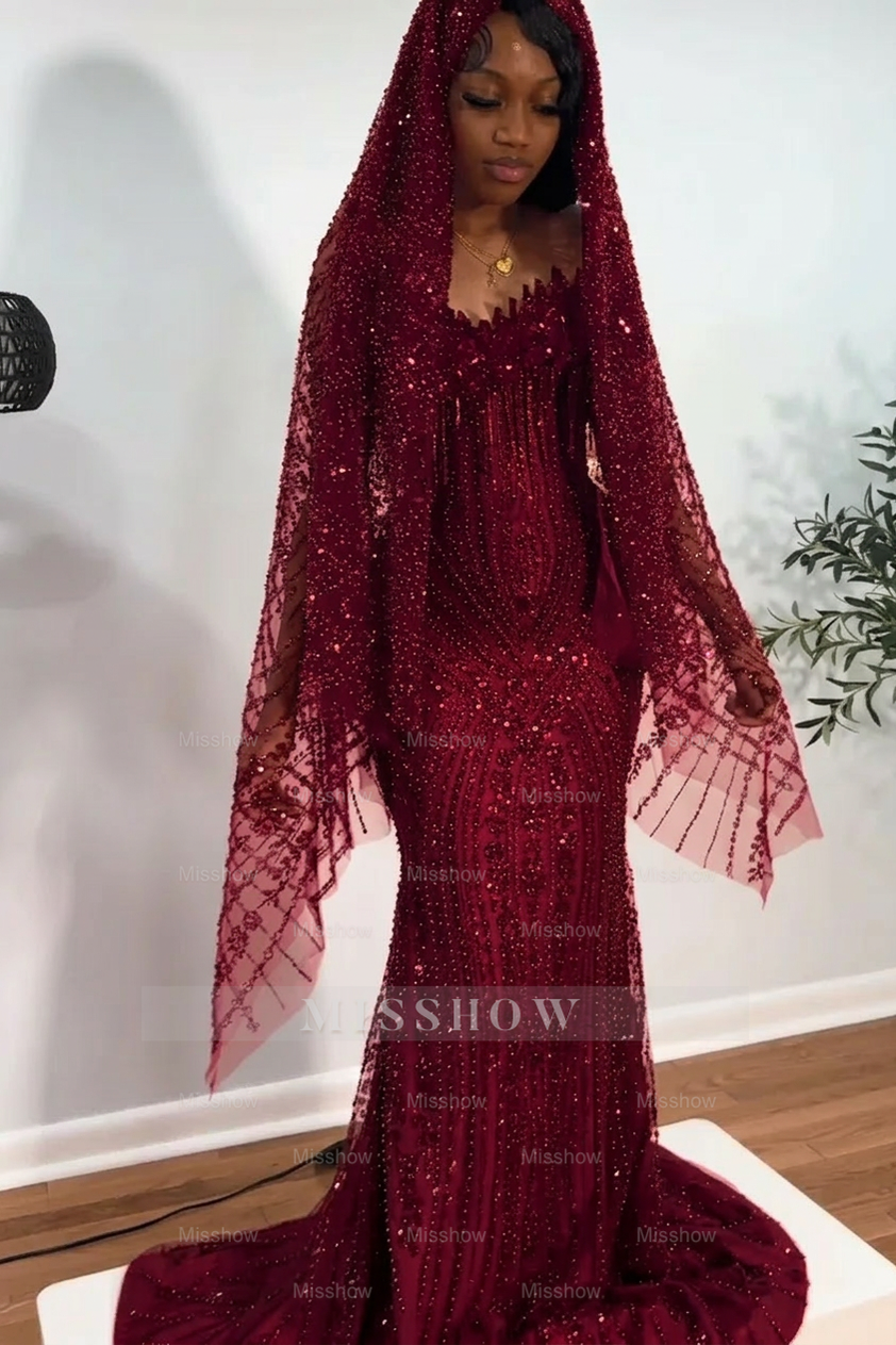 Burgundy strapless beaded mermaid prom dress