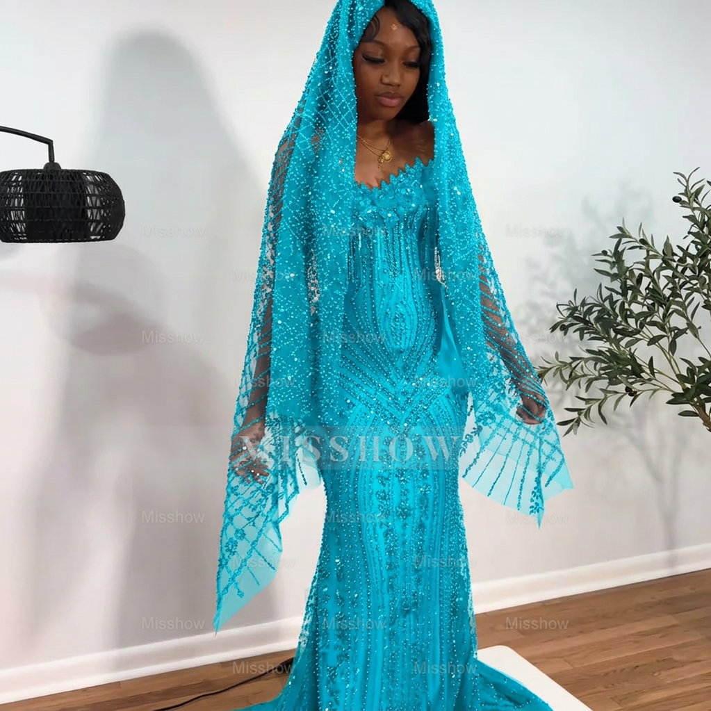 Peacock strapless beaded mermaid prom dress