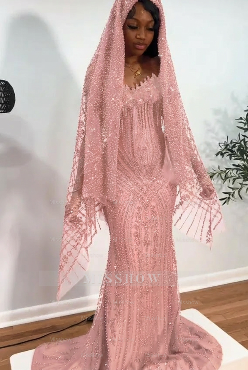 Dusty rose strapless beaded mermaid prom dress