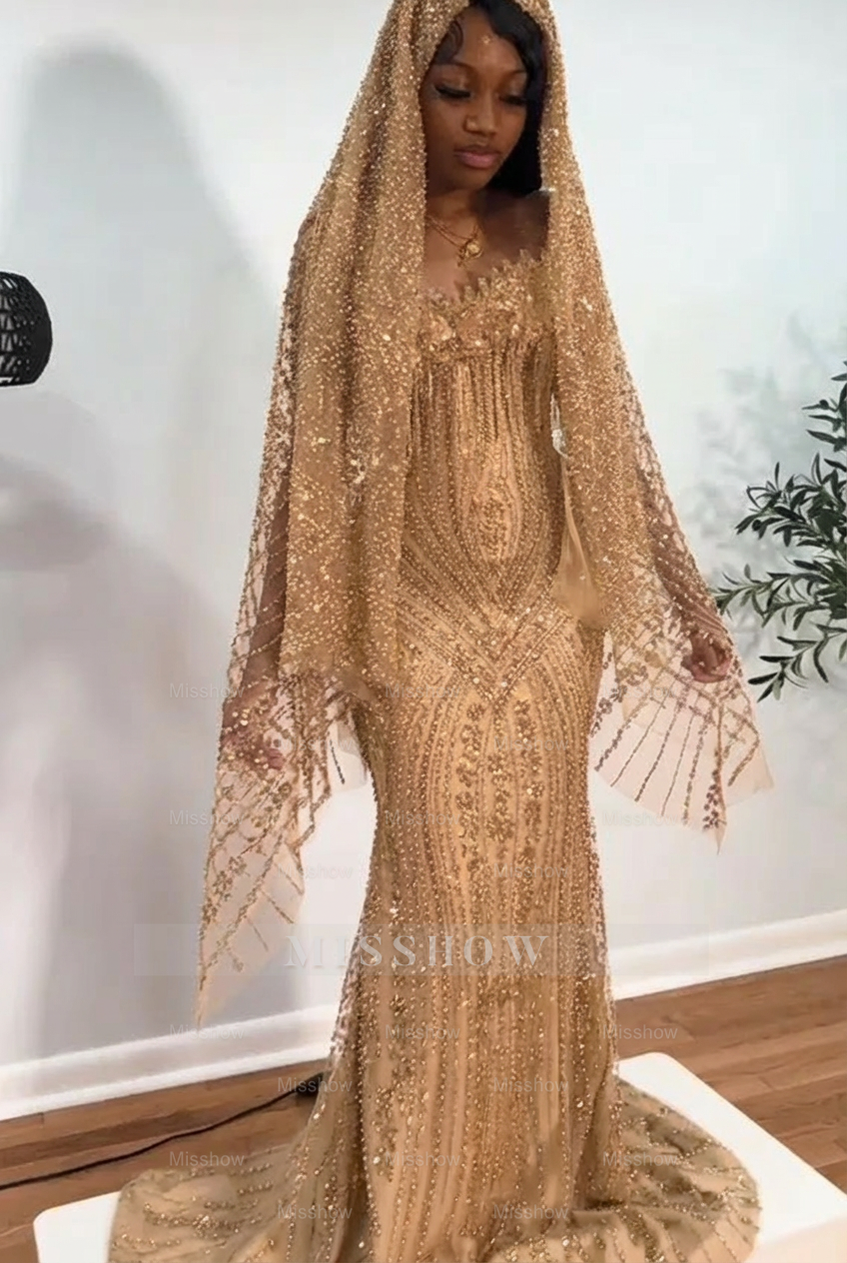 Gold strapless beaded mermaid prom dress