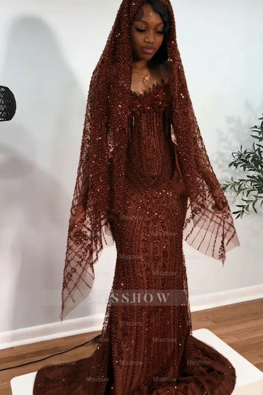 Chocolate strapless beaded mermaid prom dress
