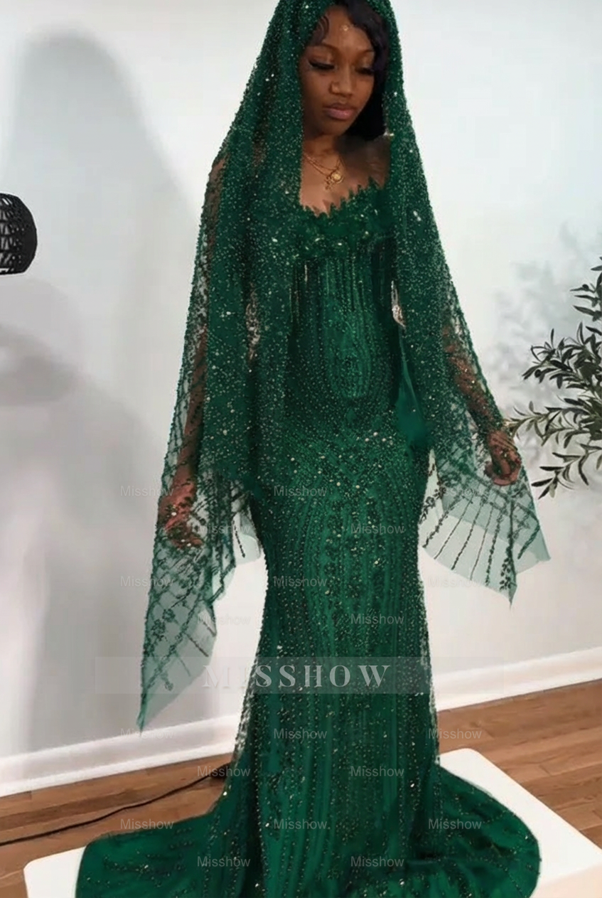Dark green strapless beaded mermaid prom dress