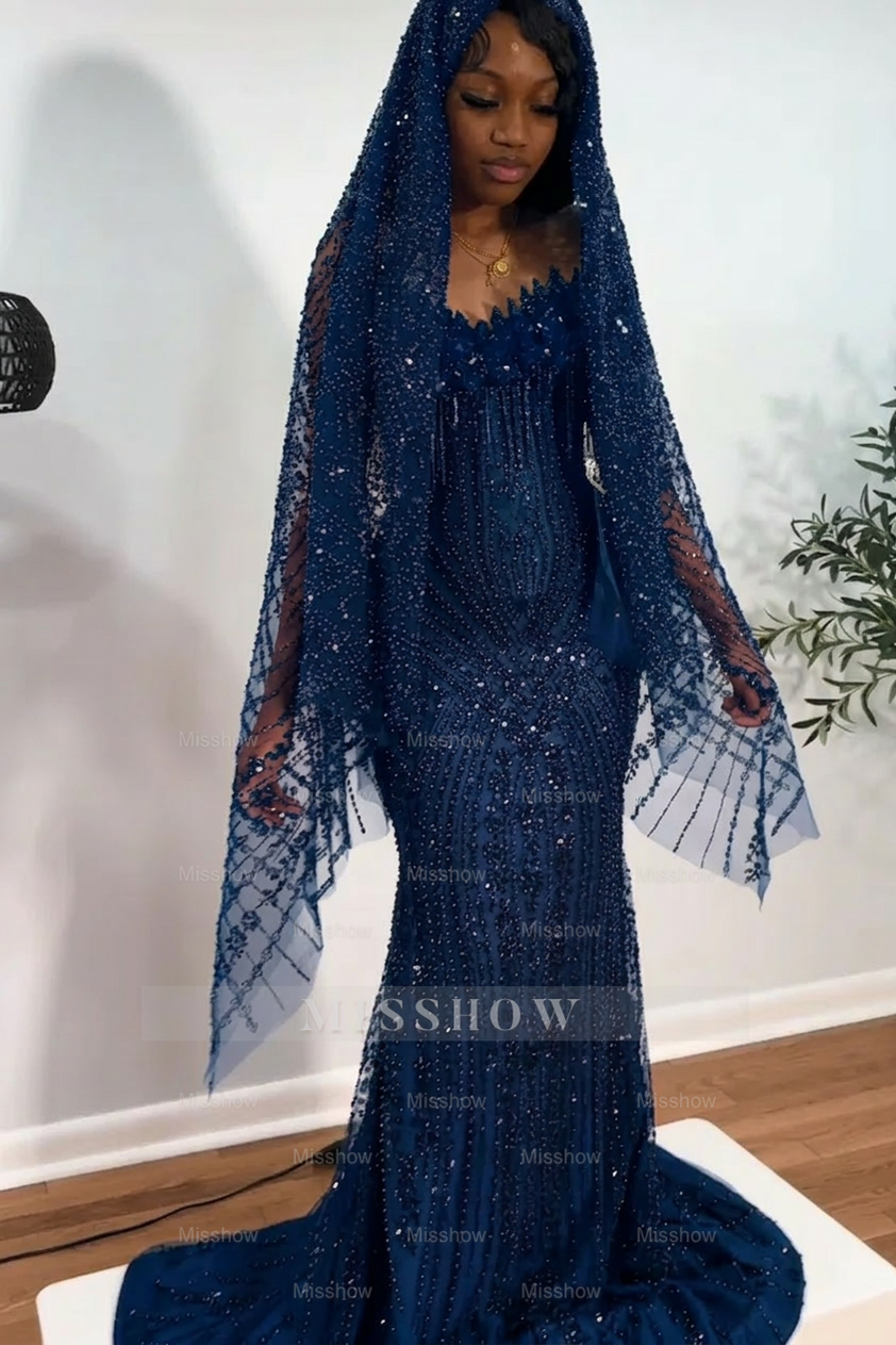 Dark navy strapless beaded mermaid prom dress