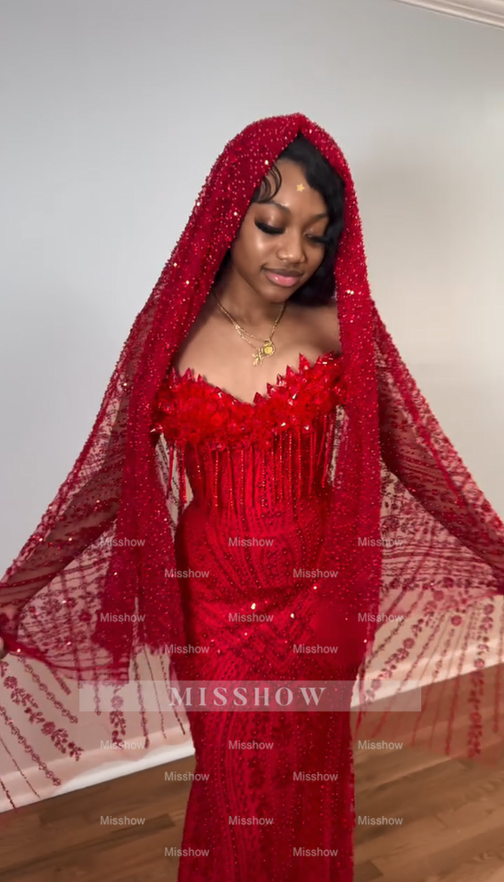 Red strapless beaded mermaid prom dress