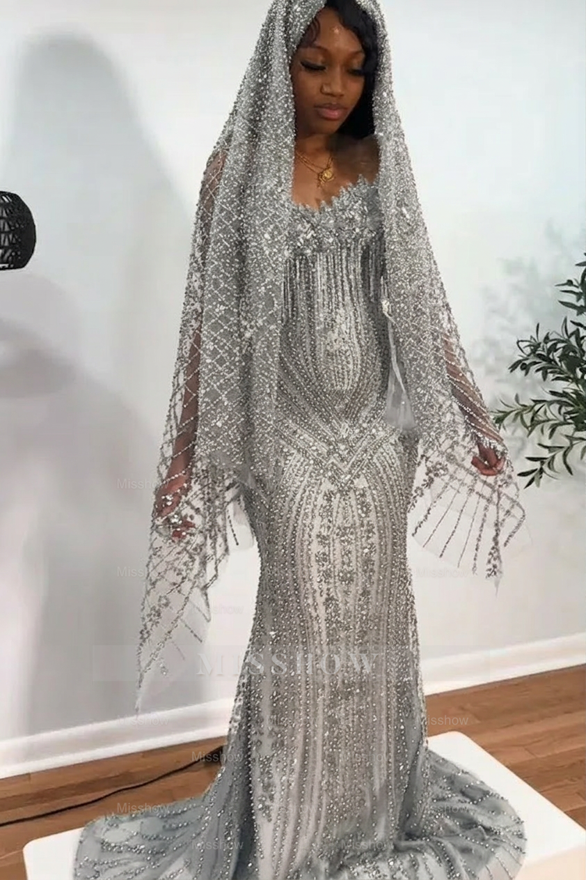 Silver strapless beaded mermaid prom dress