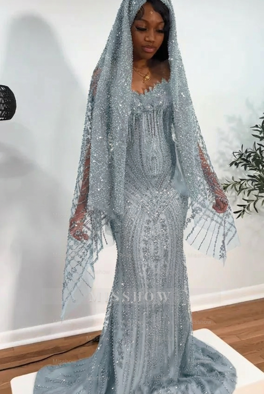Dusty blue strapless beaded mermaid prom dress