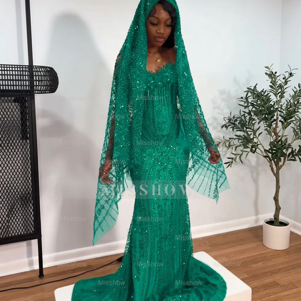 Emerald strapless beaded mermaid prom dress