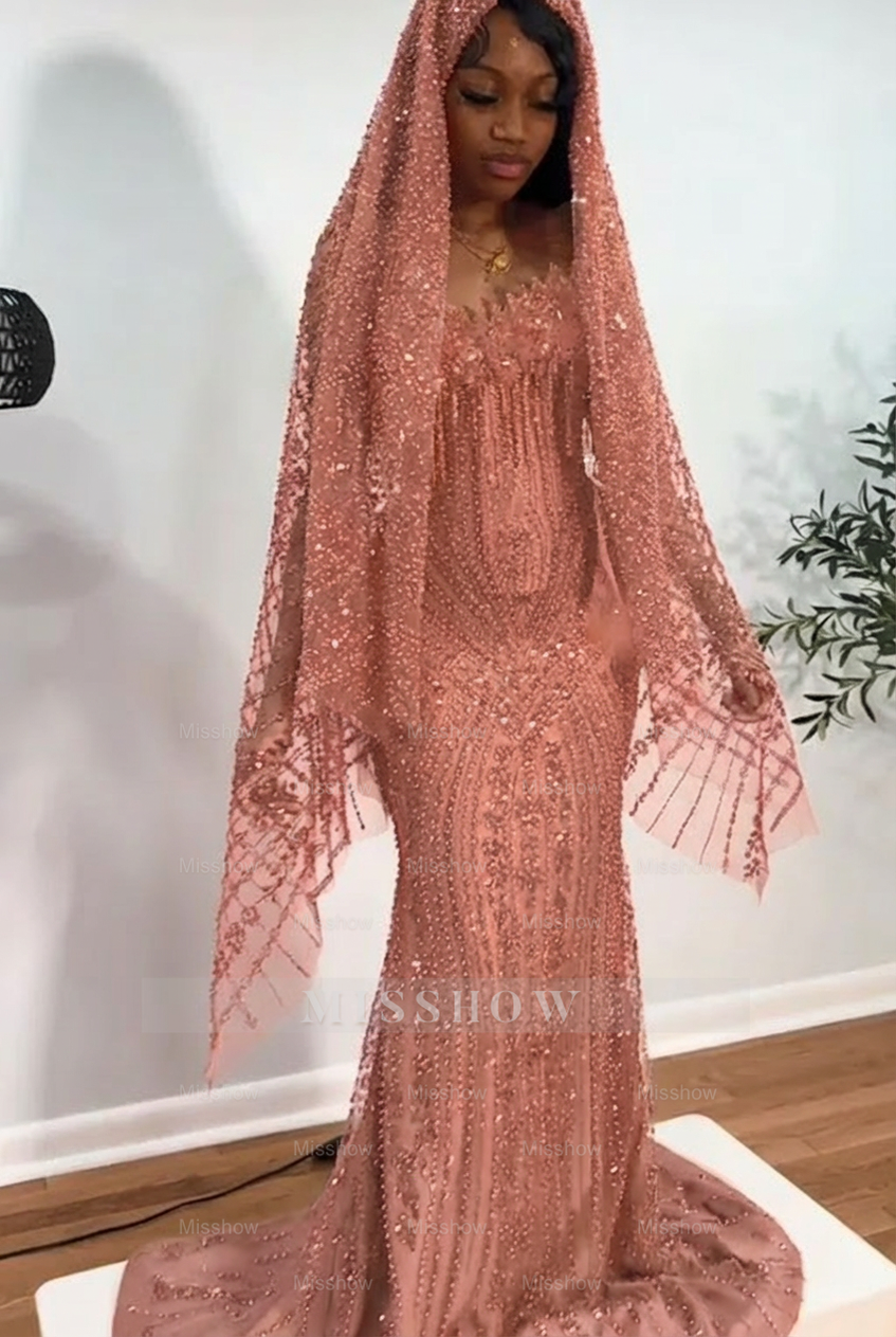Rust strapless beaded mermaid prom dress