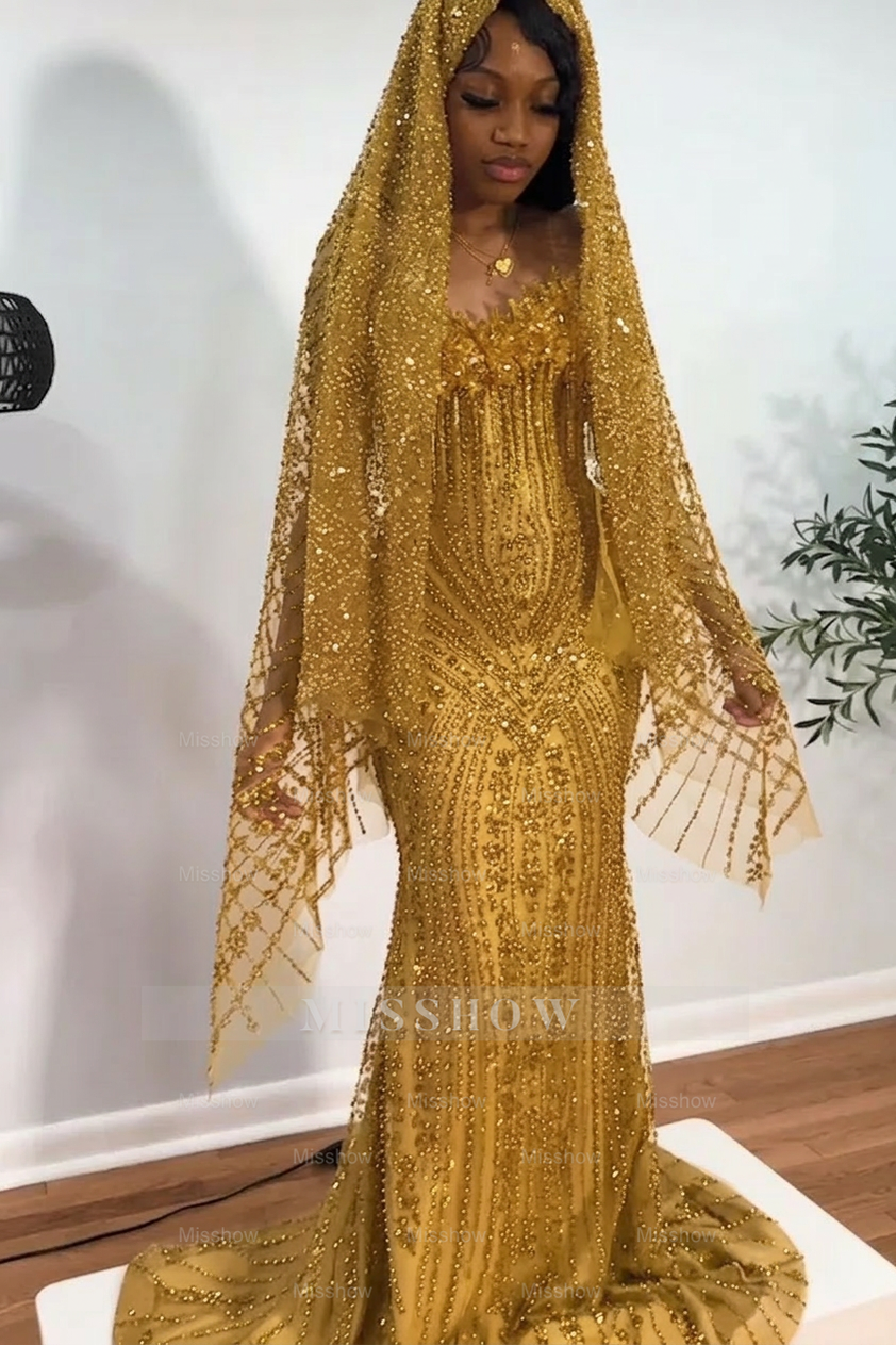 Gold strapless beaded mermaid prom dress