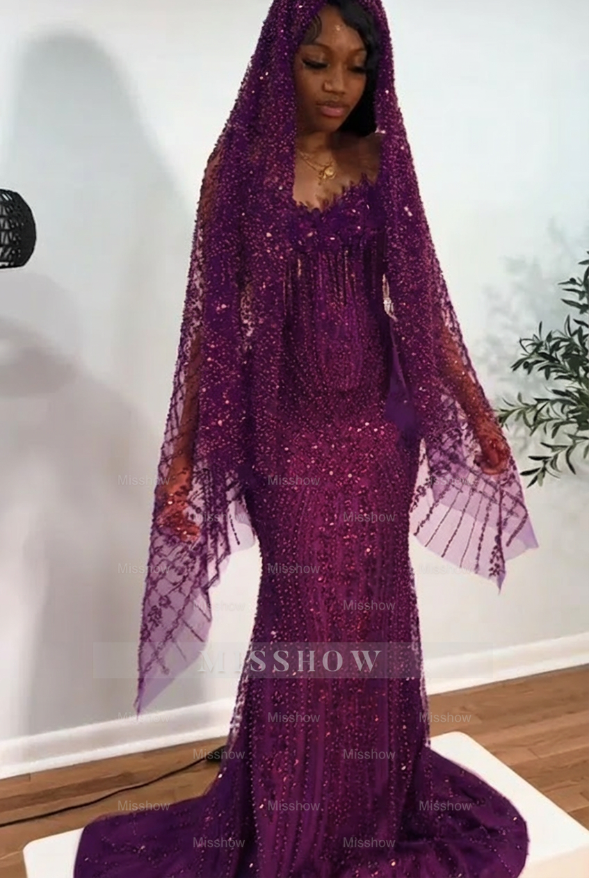 Grape strapless beaded mermaid prom dress