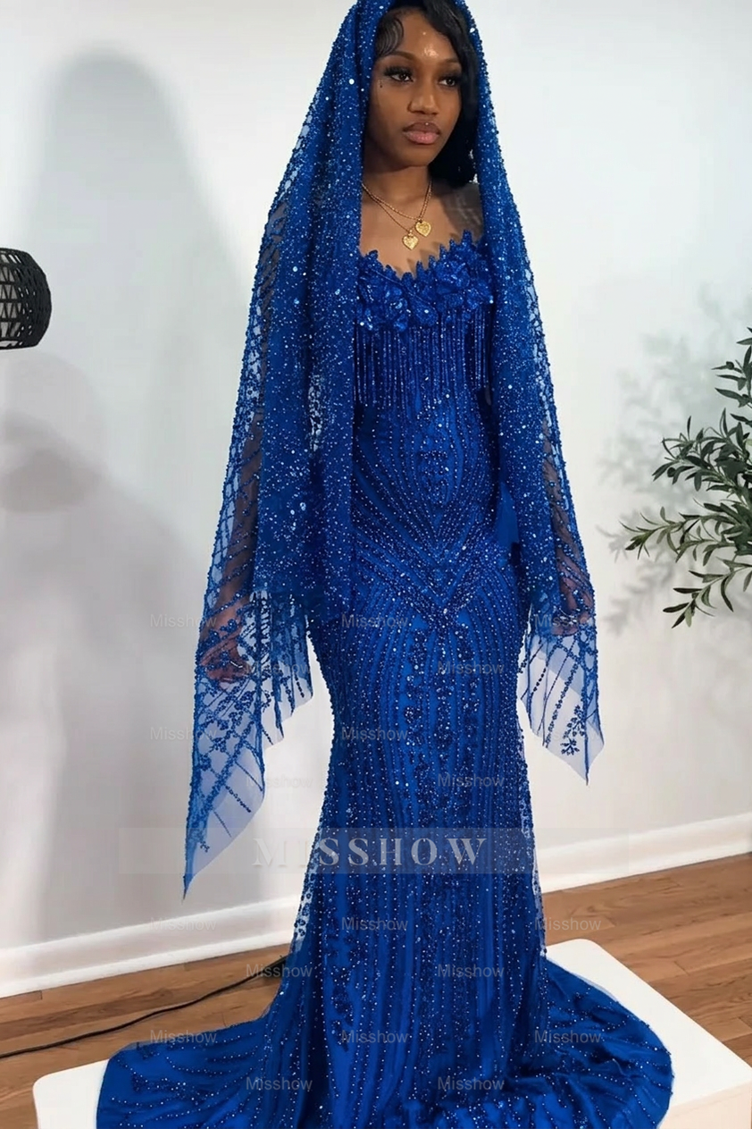 Royal blue strapless beaded mermaid prom dress