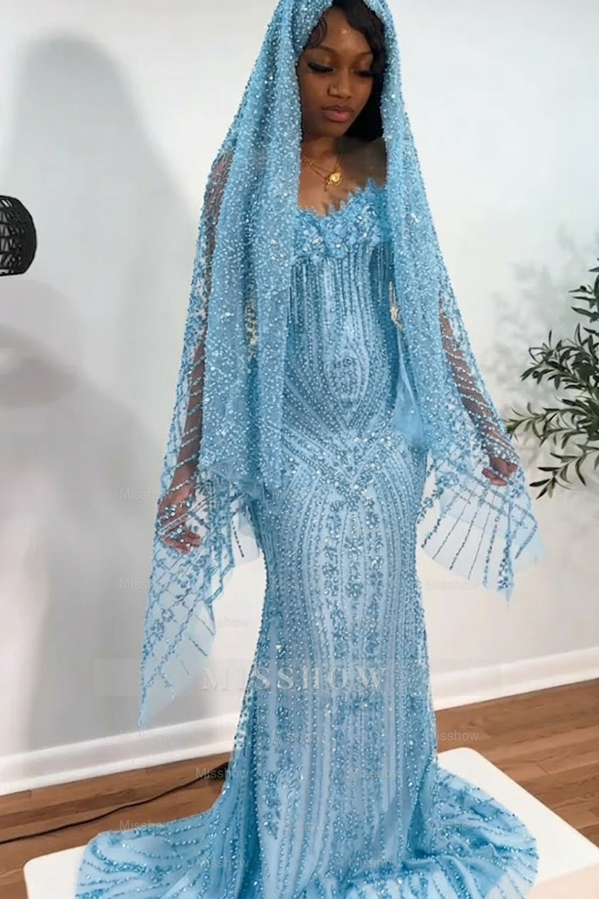 Sky blue strapless beaded mermaid prom dress