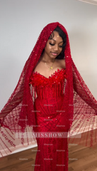 Red strapless beaded mermaid prom dress