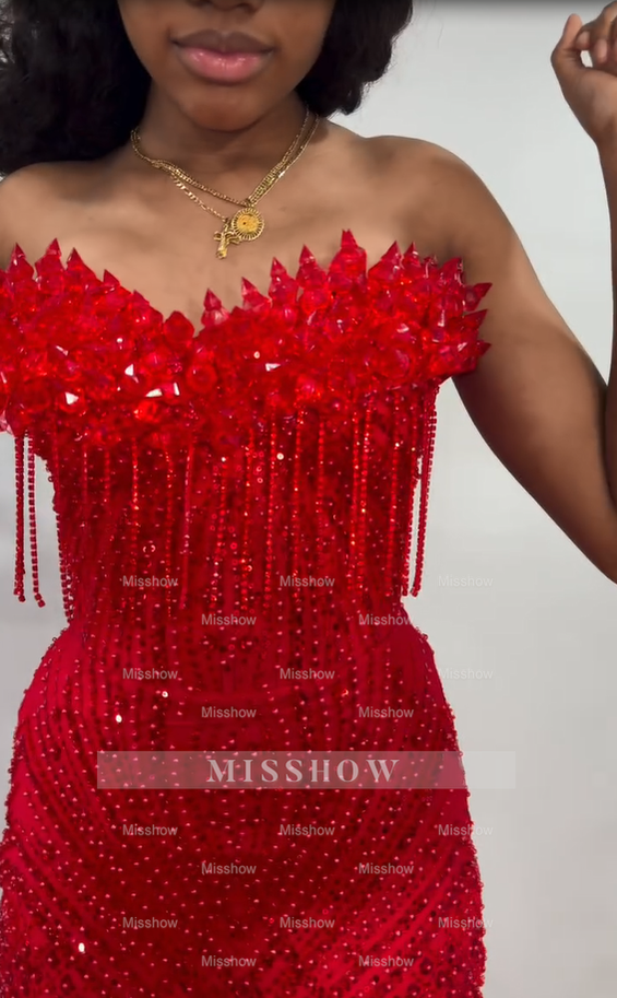 Red strapless beaded mermaid prom dress