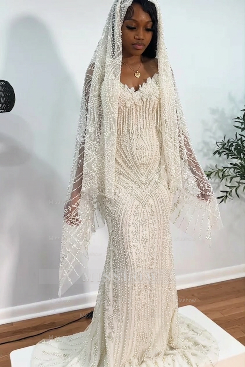 Ivory strapless beaded mermaid prom dress