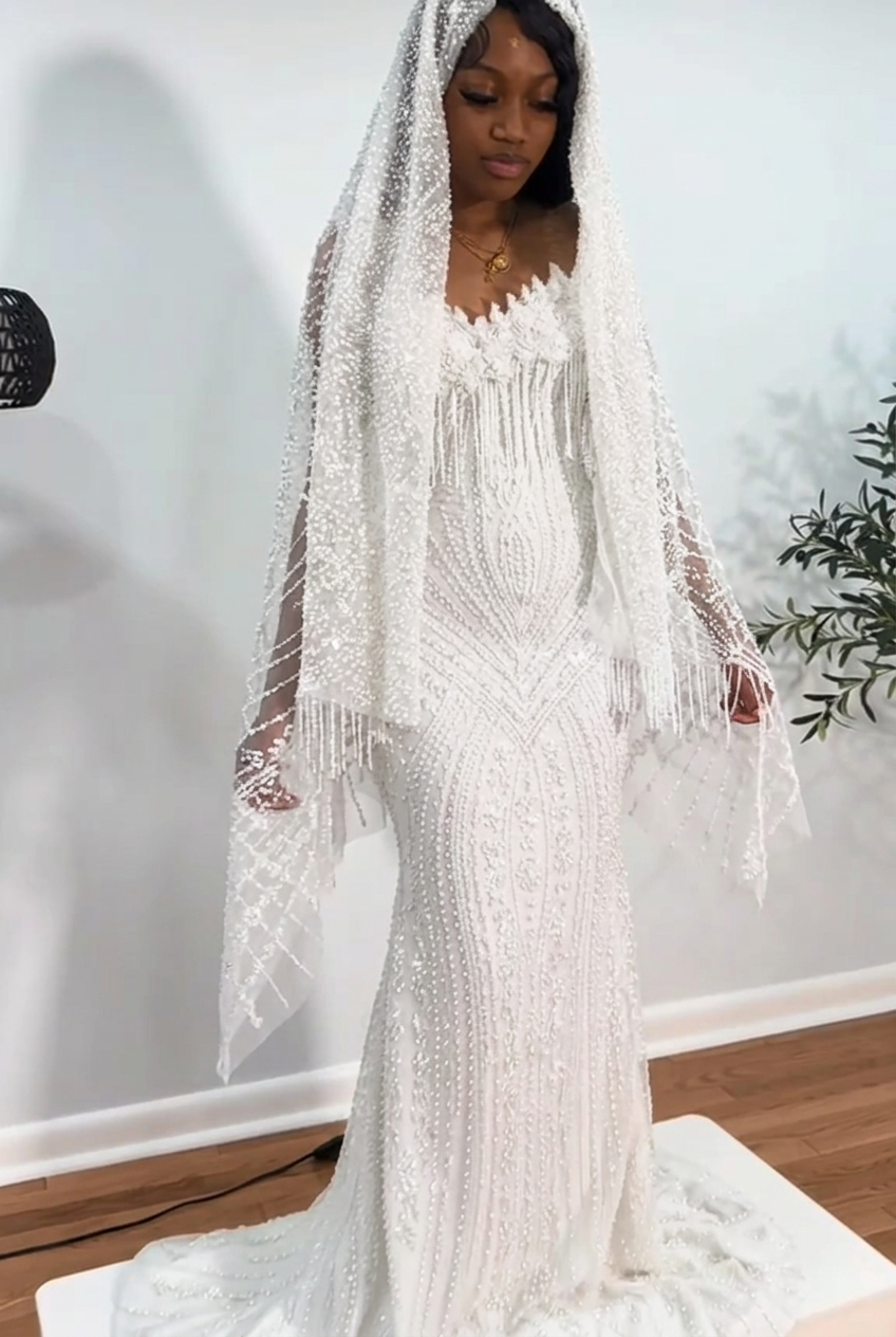 White strapless beaded mermaid prom dress