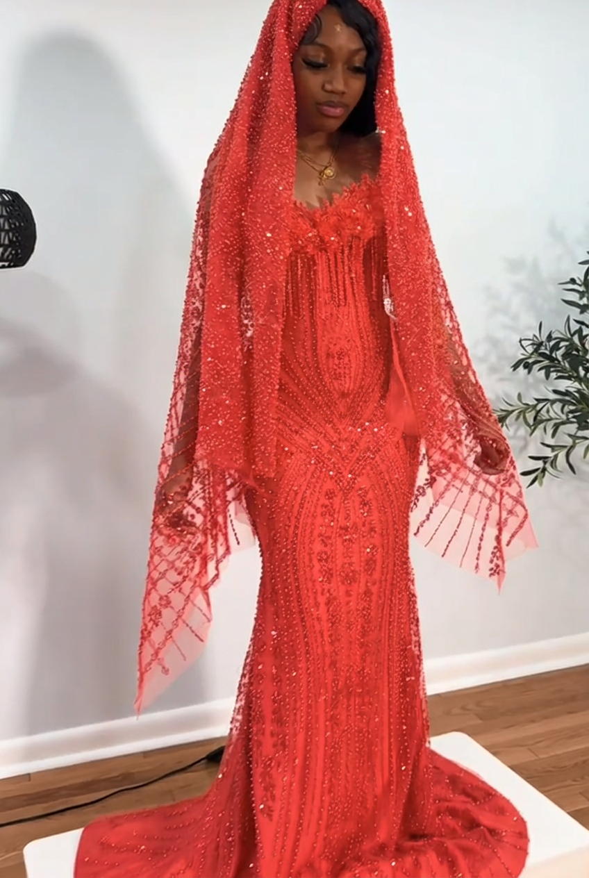 Coral strapless beaded mermaid prom dress
