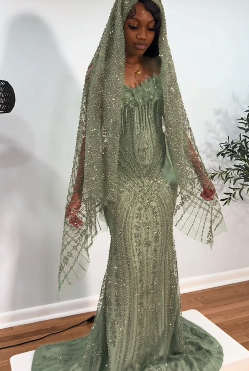 Dusty sage strapless beaded mermaid prom dress