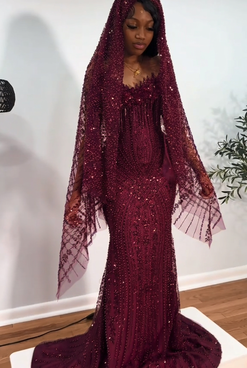 Grape strapless beaded mermaid prom dress