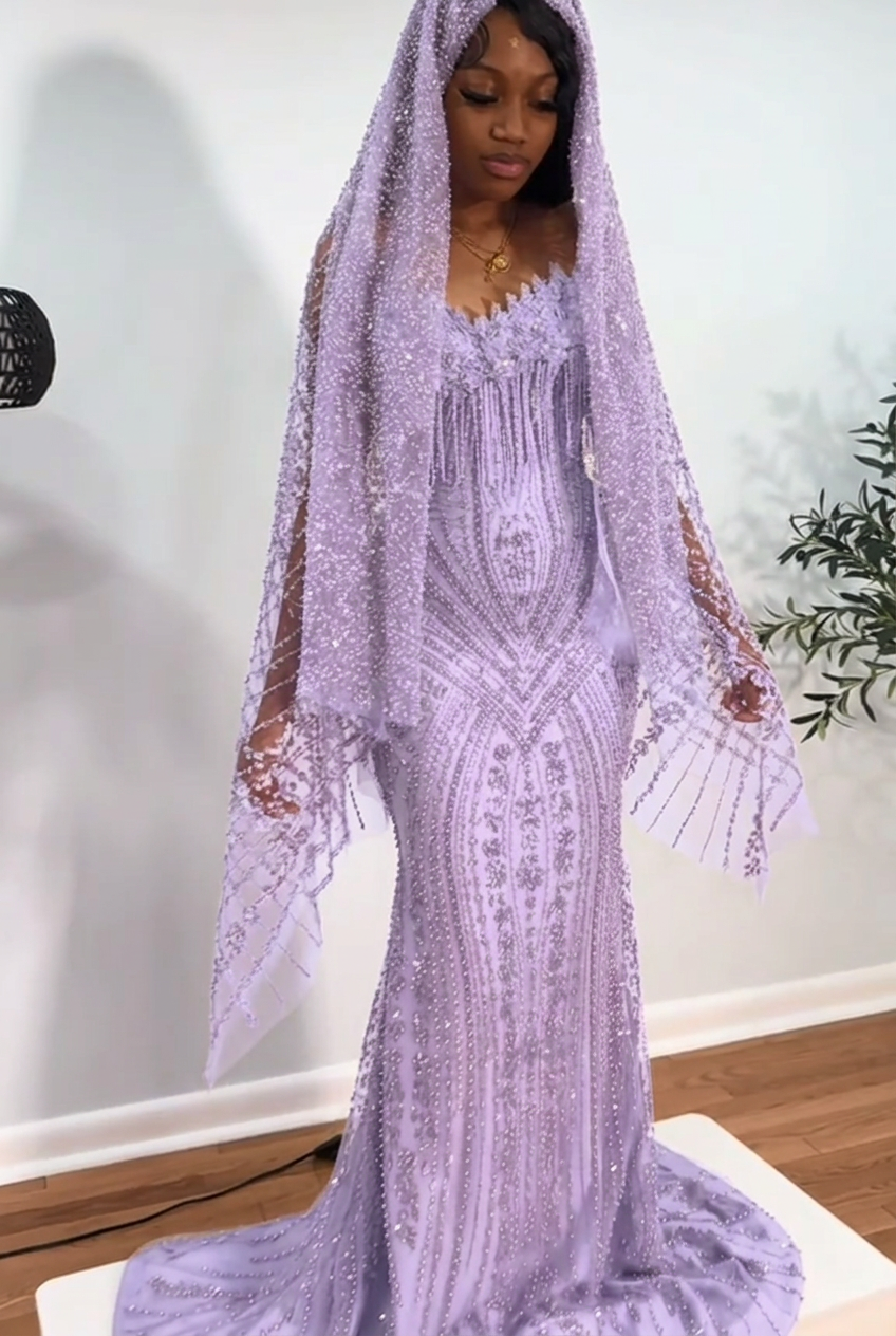 Lavender strapless beaded mermaid prom dress