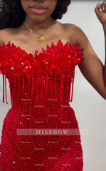 Red strapless beaded mermaid prom dress