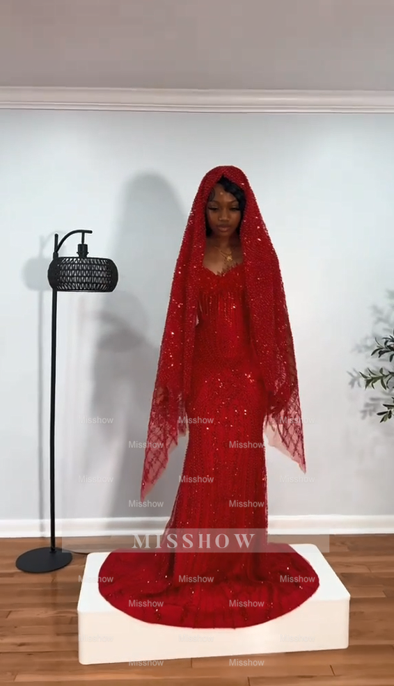Red strapless beaded mermaid prom dress