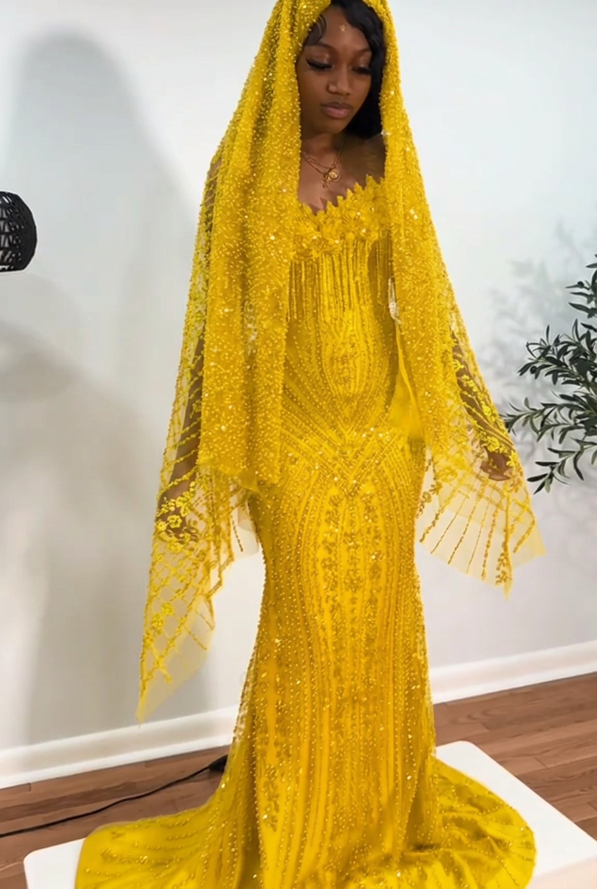 Yellow strapless beaded mermaid prom dress