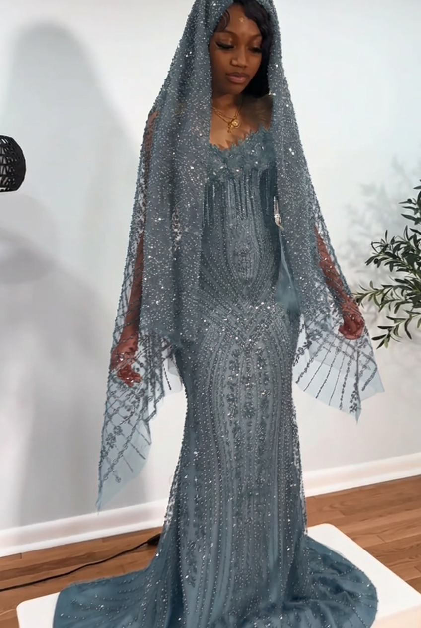 Dusty blue strapless beaded mermaid prom dress