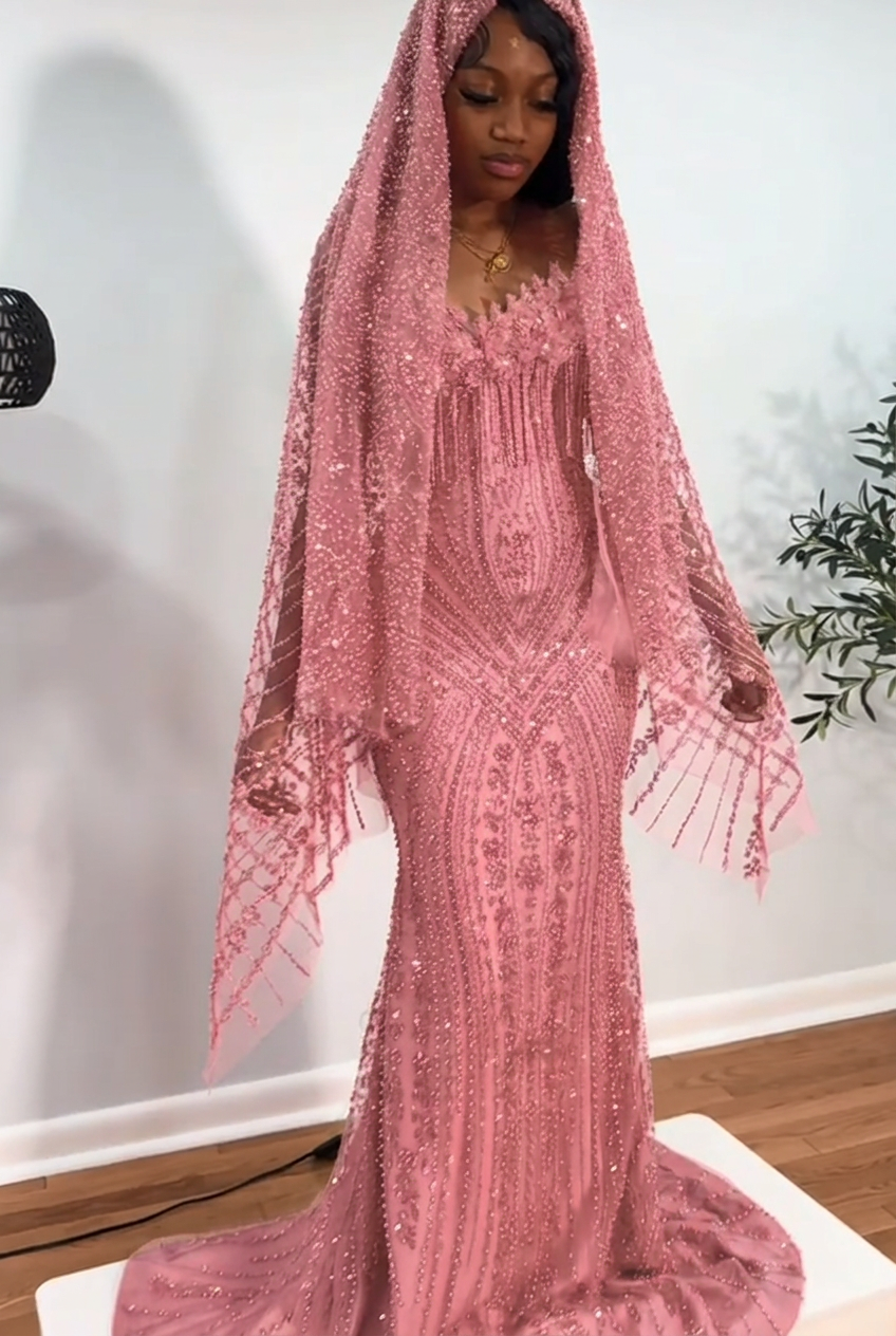Candy pink strapless beaded mermaid prom dress