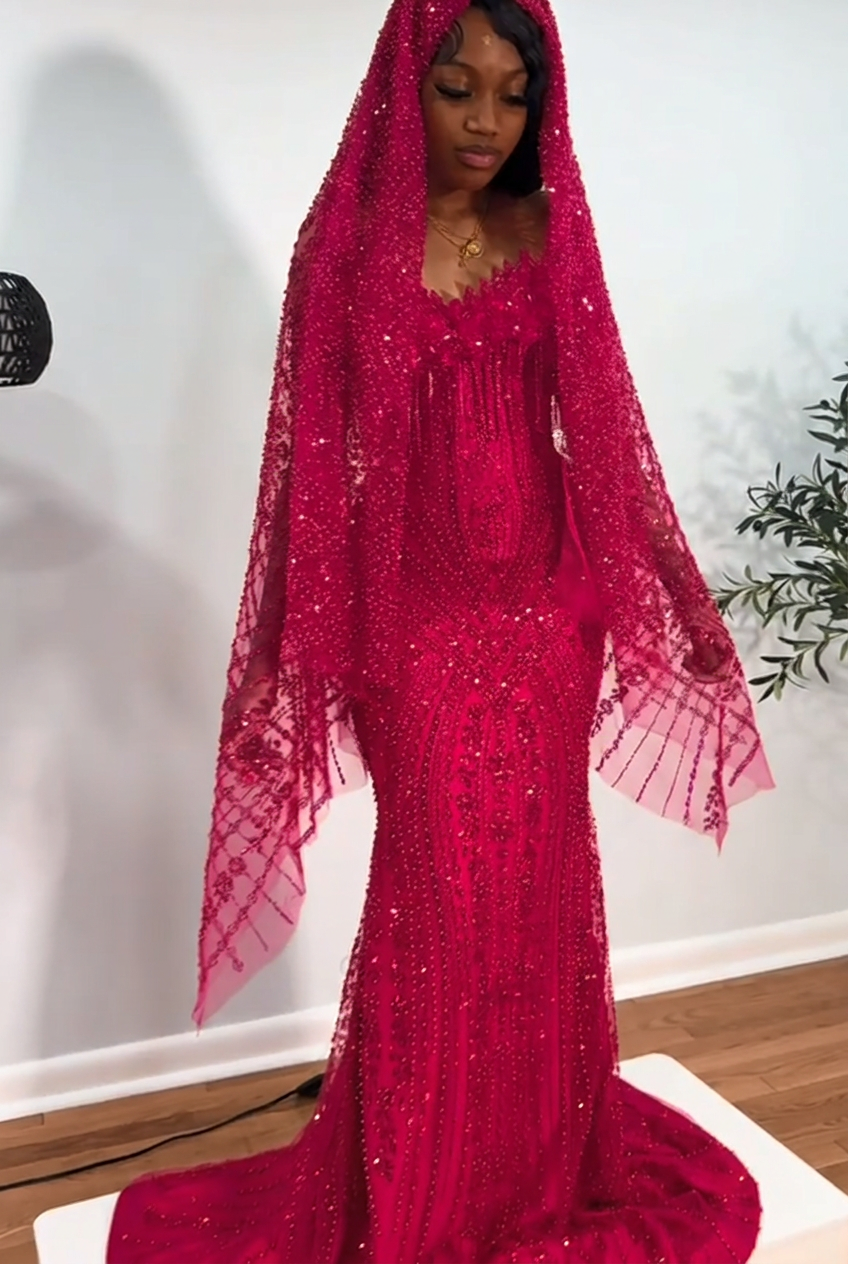 Fuchsia strapless beaded mermaid prom dress