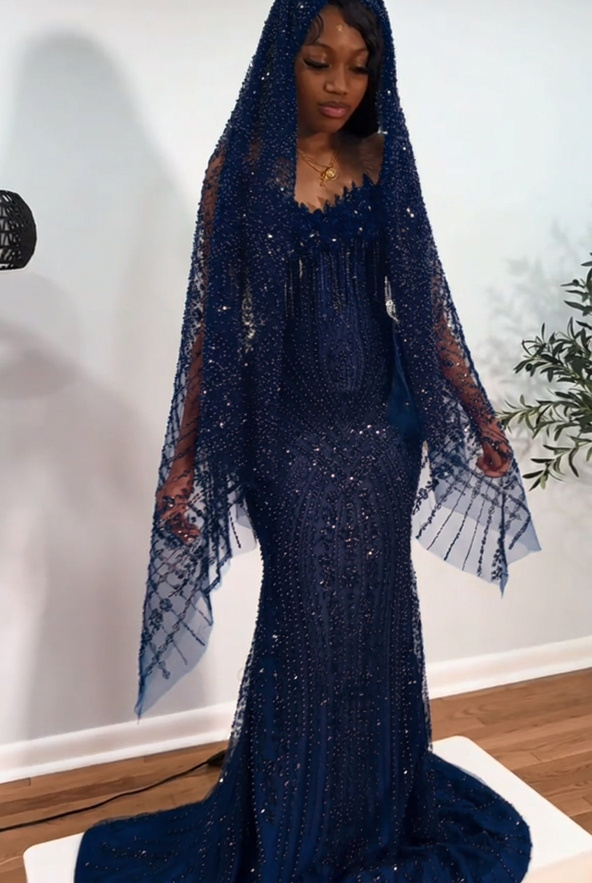 Dark navy strapless beaded mermaid prom dress