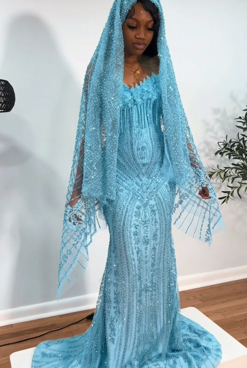 Light blue strapless beaded mermaid prom dress