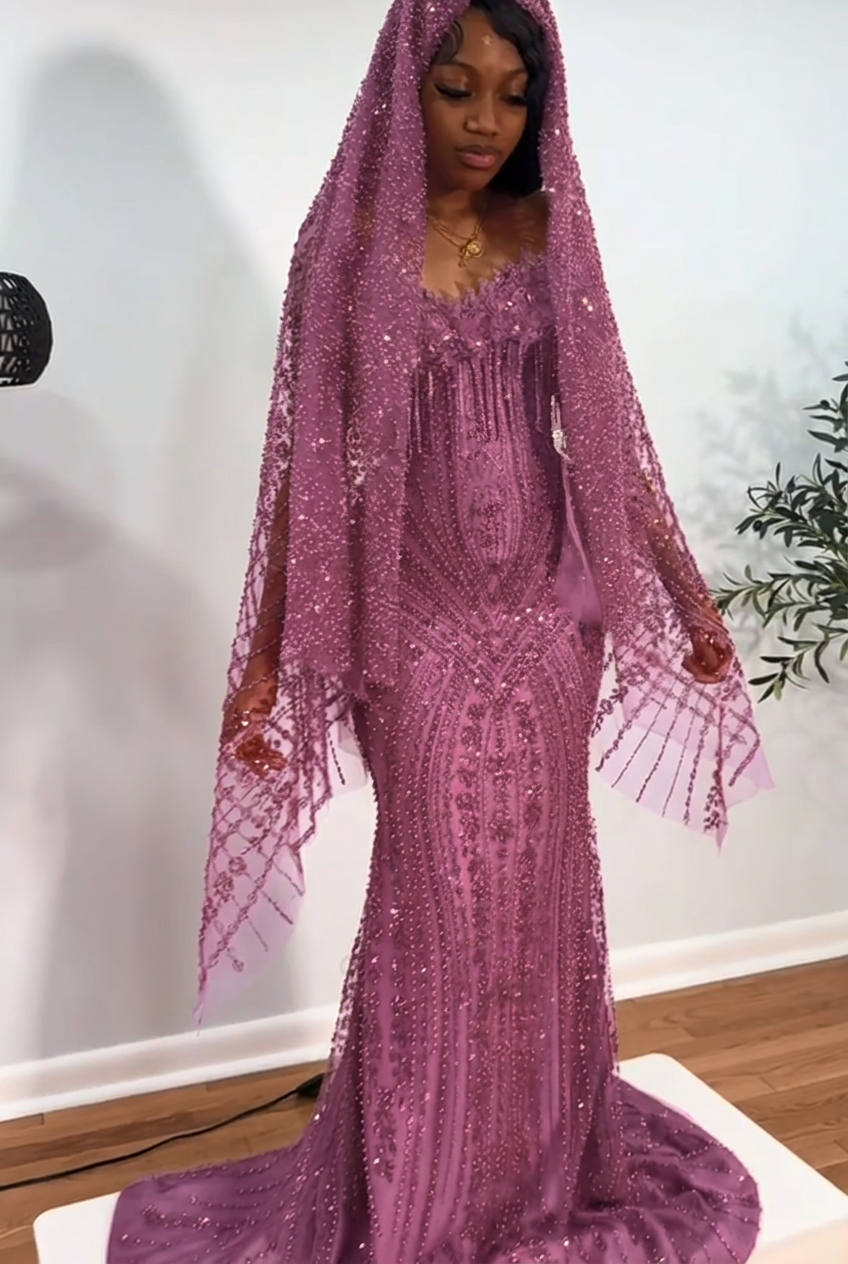 Lilac strapless beaded mermaid prom dress