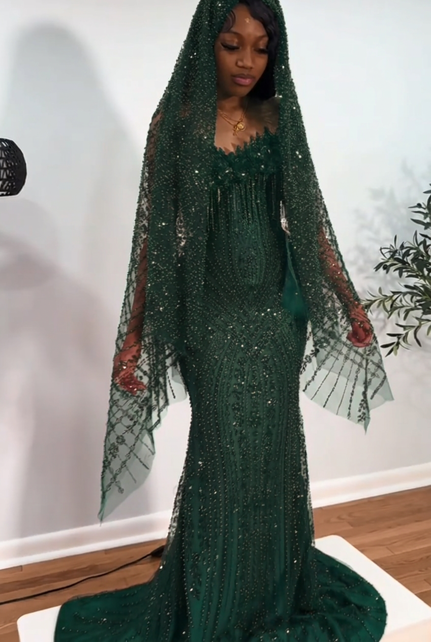 Dark green strapless beaded mermaid prom dress