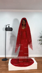 Red strapless beaded mermaid prom dress